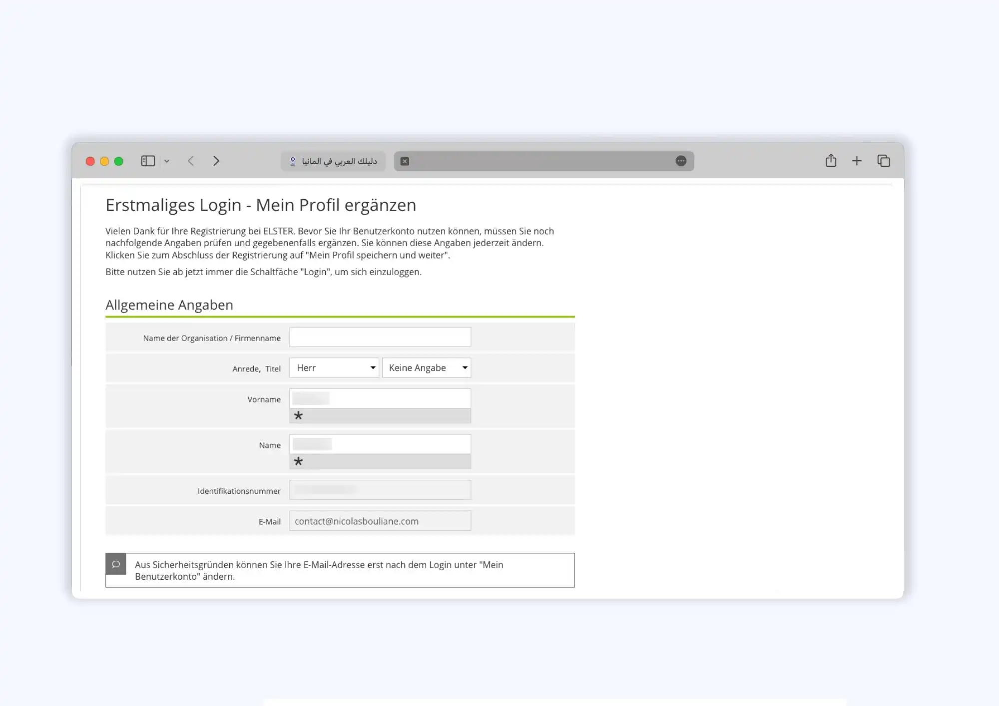 حقل اسم المنظمة في ملف elster الشخصي