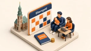 أب يحمل رضيعاً وأم أمام حاسوب بجانب تقويم كبير مكتوب عليه Elterngeld وملف طلب، وفي الخلفية برج كنيسة القديس ميخائيل في هامبورغ أب يحمل رضيعاً وأم أمام حاسوب بجانب تقويم كبير مكتوب عليه elterngeld وملف طلب، وفي الخلفية برج كنيسة القديس ميخائيل في هامبورغ