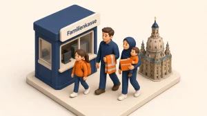 أب وأم مع طفلين يتجهون إلى مكتب familienkasse وفي يد الأم ملف kinderzuschlag وخلفهم قبة كنيسة السيدة في دريسدن
