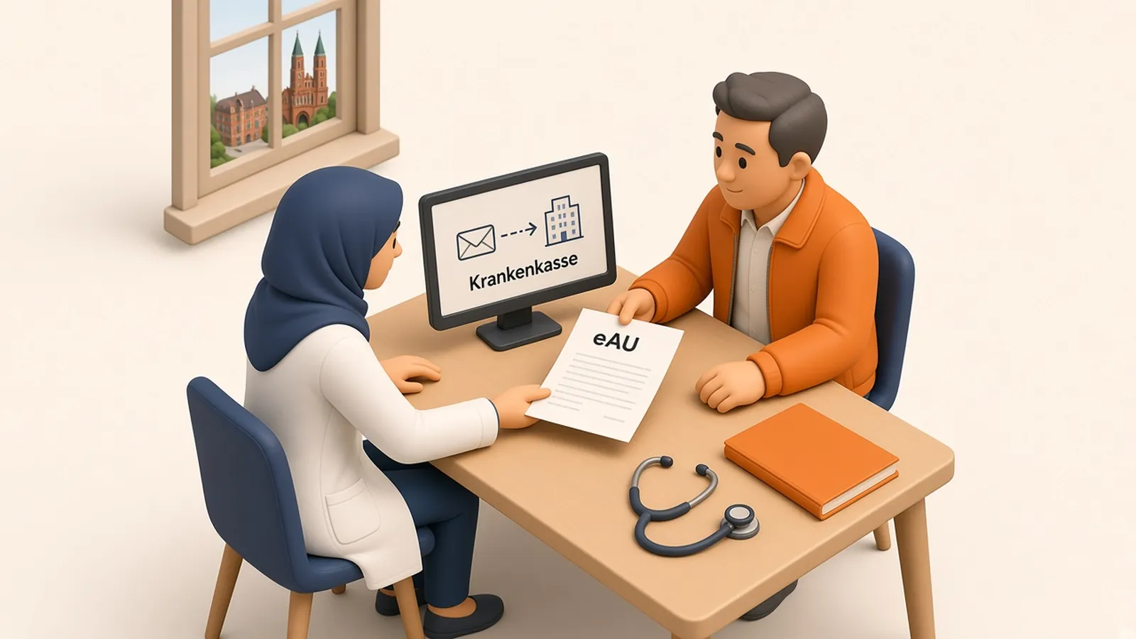 طبيبة تسلّم مريضاً ورقة الإجازة المرضية في عيادة بينما تظهر على شاشة الحاسوب علامة إرسال إلكتروني إلى صندوق التأمين